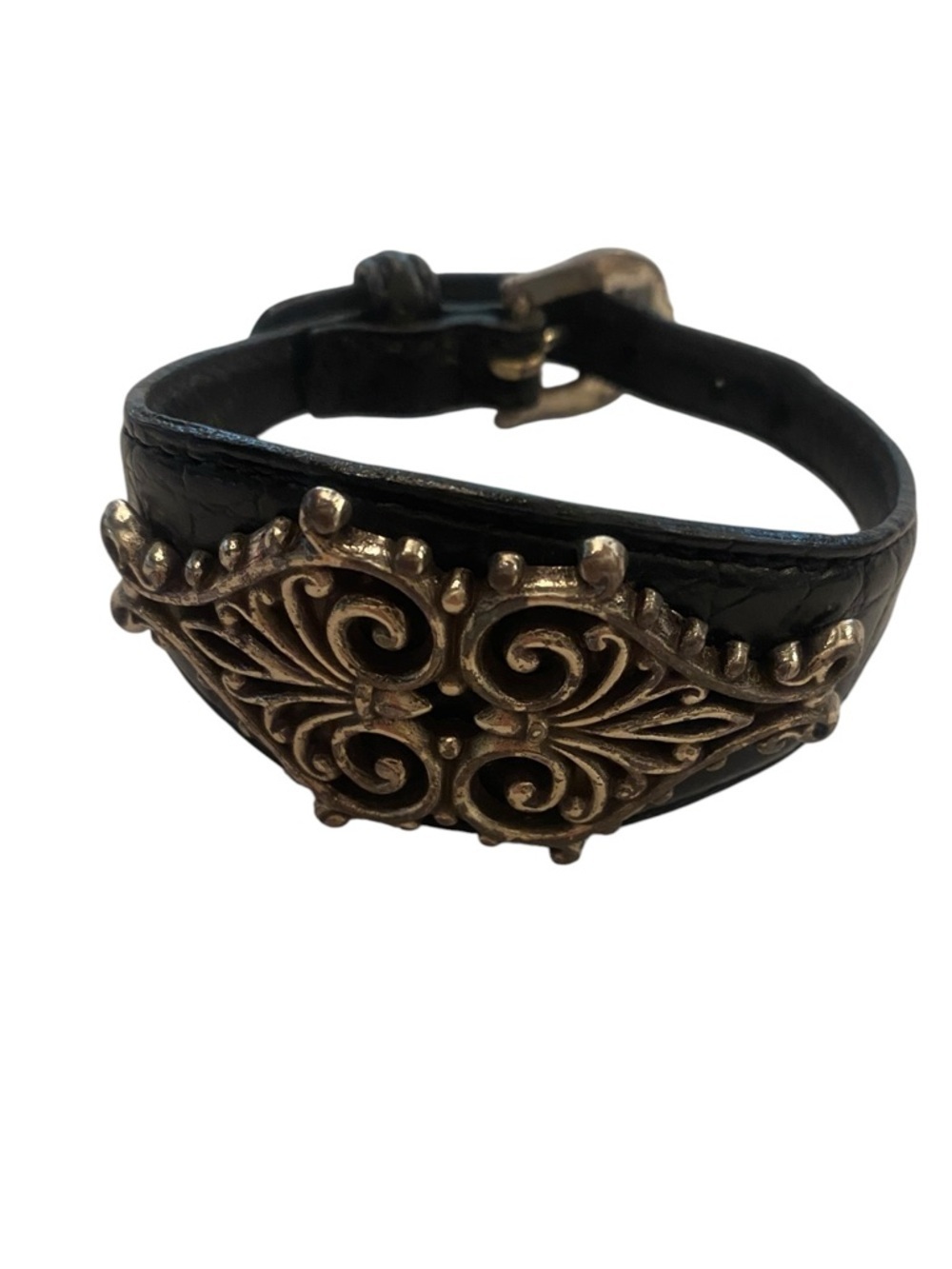 Brighton Black Leather Cuff Bracelet Silver Filigree Accent
